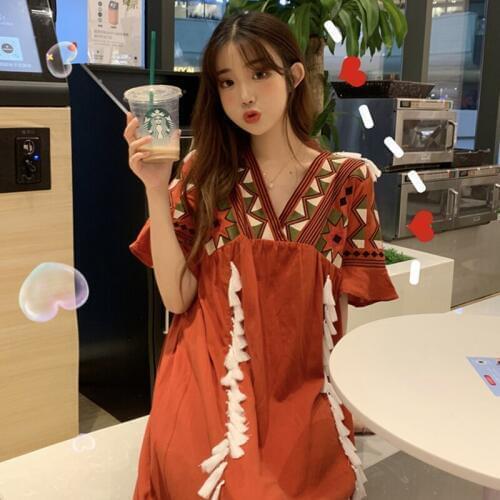 Summer New Korean Long Dress Loose Vintage Sweet Flare Sleeve V-neck Tassel Embroidery Indie Folk Maxi Dresses Women Vestidos
