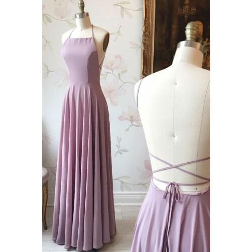 Elegant Long Halter Chiffon Bridesmaid Dresses with Pockets Floor Length Criss Cross Back Spaghetti Robes de Soirée for Women