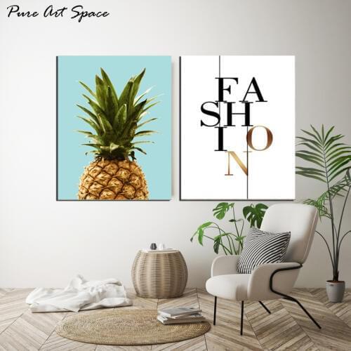 2 Piece Modern Pineapple Poster Nordic Pineapple Green Leaves Canvas Painting Wall Living Room Kitchen Canvas Fruit