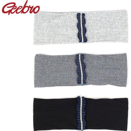 Geebro Soft Women Boho Rhinestone Ribbon Headbands Hair Bands Accessories For Ladies Summer Cotton Stretch Ribbed Headwear