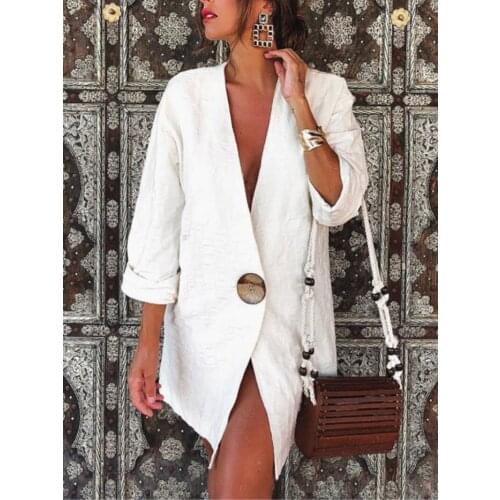 Cotton and Linen Big Button Blazer Women V-Neck Solid Colors Mid-Length Casual Office Blazer Spring Autumn Boho Plus Size Jacket