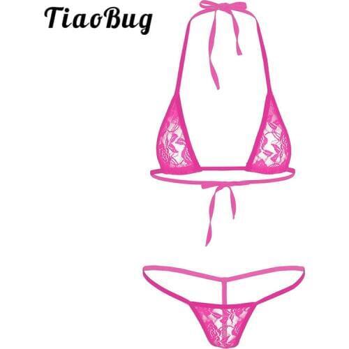 TiaoBug Women Floral Lace Sexy Lingerie Set See Through Sheer Halter Mini Bikini Transparent Bra with G-String Panties Underwear