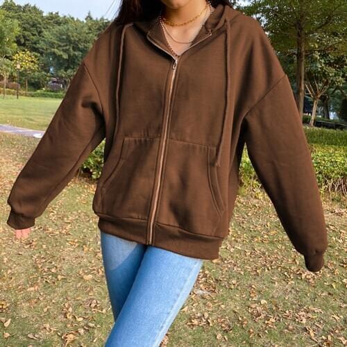 Brown Y2K Aesthetic Hoodies Women Vintage Zip Up Sweatshirt Winter Jacket Casual Warm Long Sleeve Hooded Cardigan Clothing 2020