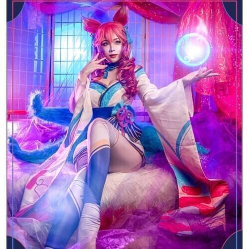 Spirit Blossom Ahri Game LOL Cosplay Costume Japanese Kimono Anime Lolita Dress Ahri Cosplay Props Fox Headdress Socks Set