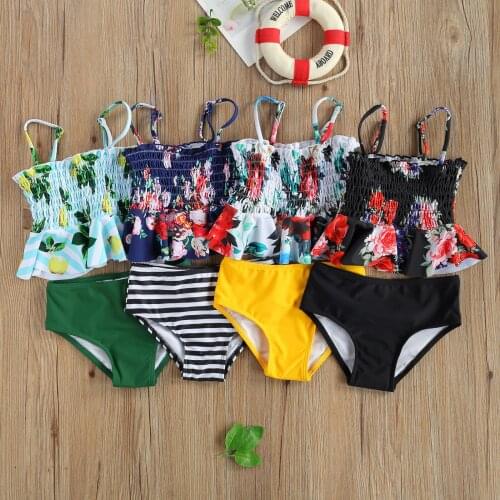 4 Colors Little Girls Summer 2PCS Bikini Set Sling Floral Ruffle Hem Pleated Crop Top+Low Cut Solid Color/Striped Panty Swimwear