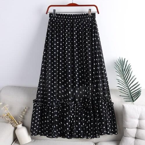 Summer Polka Dot Print Skirt Women Casual Elastic High Waist Long Maxi Skirts Female All-Match Black Green Pleated Skirt Lady