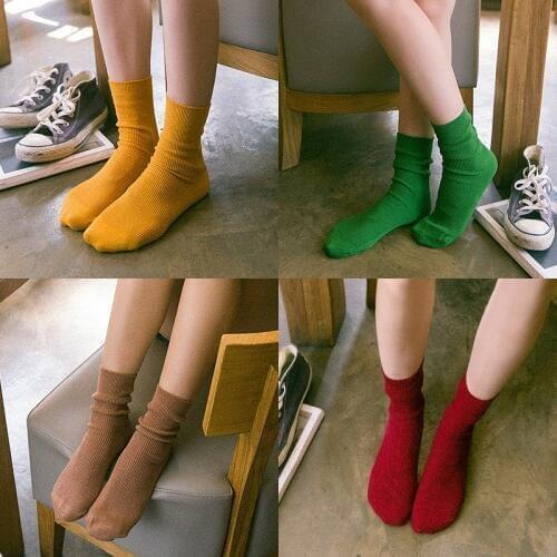 New Autumn Solid Socks For Women Knitted Stretchy Orange Sokken Female Cotton Casual Calcetines Mujer Girls Green Sock Meias