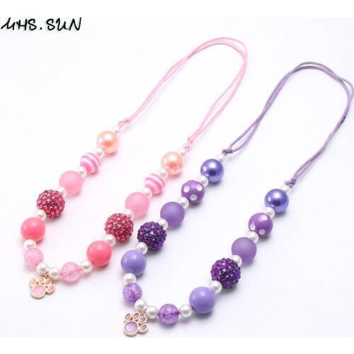 MHS.SUN Girls Baby Jewelry Chunky Beads Necklace With Pink Cute Dog Claw Pendant Adjustable Rope Necklace For Kids Birthday Gift