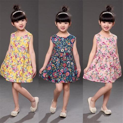 1-7 Years Girls Sleveeless Princess Dress Summer Flower Print Kids Dresses Cotton Children Clothing Elegant Dress for Baby Girl