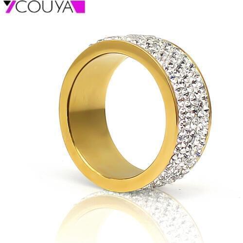 High Polished Shiny Width 8mm Crystal Rings Stainless Steel Gold Color Womens Band Promise/Wedding Ring Fashion Charm Size 6-9
