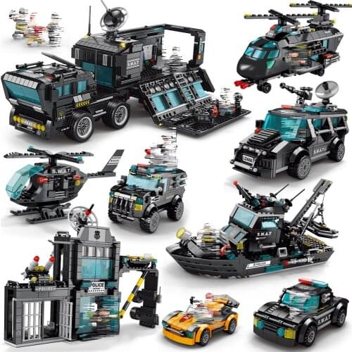 City Police Series Educational Building Blocks Toys For Kids Boys DIY Birthday Presents Car Truck Ship Plane Models Small Bricks