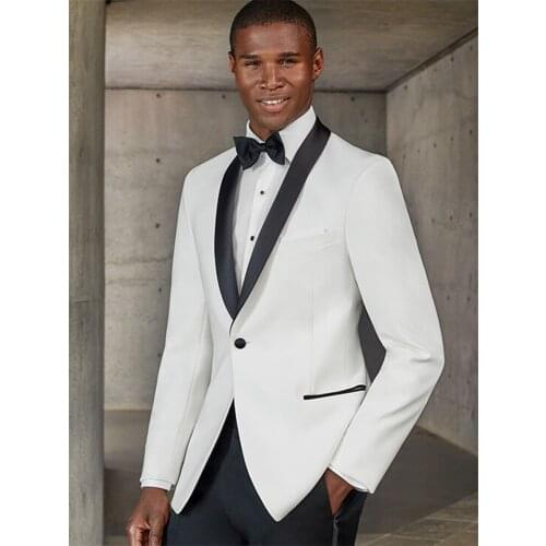 Custom Made Groomsmen White Groom Tuxedos Shawl Lapel Men Suits 2 Pieces Wedding Best Man ( Jacket+Pants )