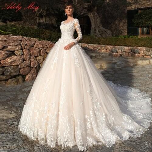 Adoly Mey Design Gorgeous Appliques Flowers Beaded A-Line Wedding Dresses 2021 Elegant Scoop Neck Long Sleeve Vintage Bride Gown