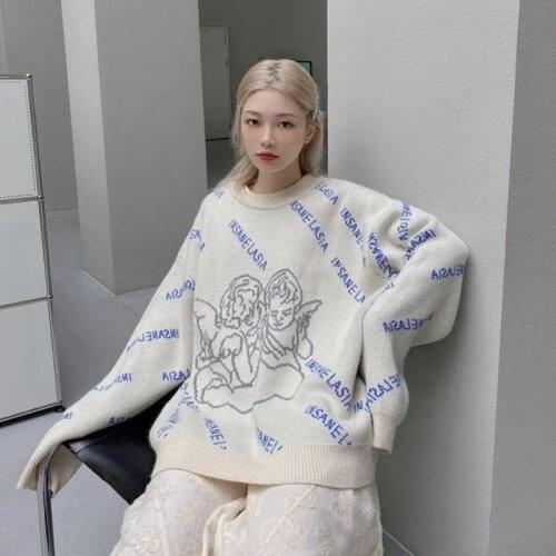 Korobov Harajuku Streetwear Women Sweaters Vintage O Neck Long Sleeve Cartoon Knit Pullover Oversize Sweater Letter Jumper Femme