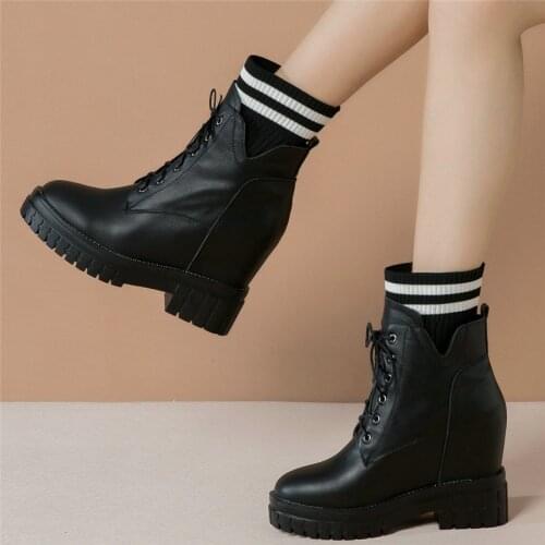 Knitting Fashion Sneakers Women Lace Up Genuine Leather High Heel Ankle Boots Female Round Toe Platform Pumps Shoes Casual Shoes