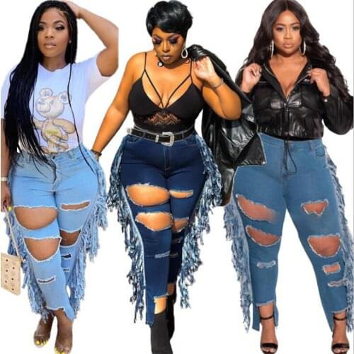 ZKYZWX Plus Size Tassel Jeans Bodycon Hole Women High Waist Vintage Clothes Sexy Y2k Pants Fall Outfits Clubwear Denim Trousers