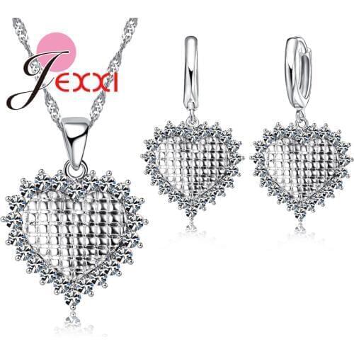 Women Romantic Luxury Wedding Bridal Jewelry Sets 925 Sterling Silver AAA Cubic Zircon Loving Heart Necklace Earrings Sets