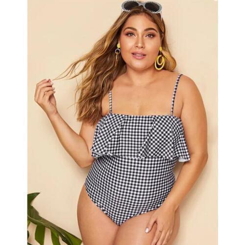 Womens One Piece Plaid Ruffle Off Shoulder Swimsuit Sexy Ladies Retro Plus Size Tummy Control Bathing Suits