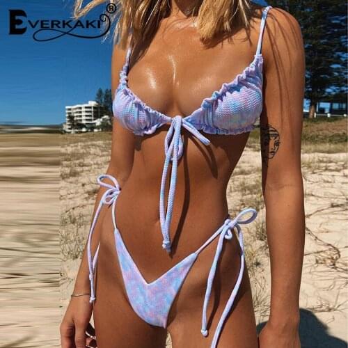 Everkaki Boho Print Bikini 2pcs Sets Suits Women Summer Beach Vacation Sexy Bowknot Ladies Swimsuit Swimwear Bikini Female 2021