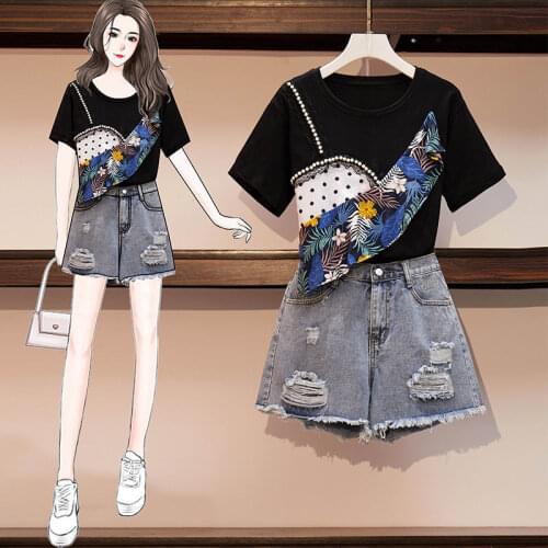 Large size womens summer suit 2021 new foreign style top covering belly thin, versatile two piece denim mini skirt Factory Hot