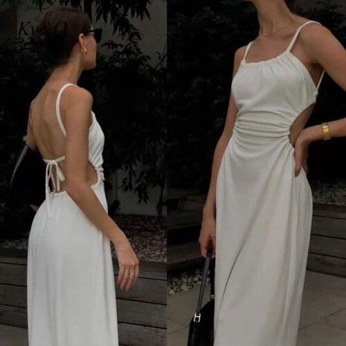 Brand 2021 Summer Backless Holiday White Suspender Dress Women Slim Sexy Simple Temperament Chic Knit Long Dresses Clothes