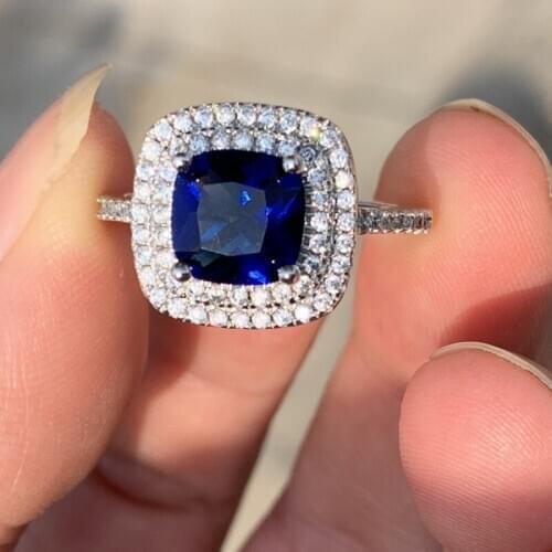 Classical Sweet Cute Sparkling Fashion Jewelry 925 Sterling Silver Cushion Shape Blue 5A Zircon Pave CZ Women Wedding Band Ring