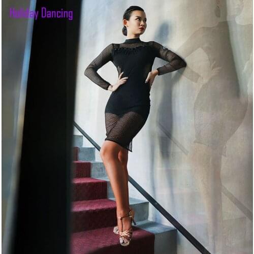 Women Latin Dance Dress Long Sleeve See throught Shoulder Dancing Practise Cloth Samba Tango Chacha Dancing Performamnce LW428