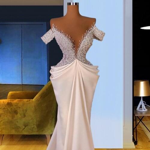Hot Sexy Pearls Deep V Neck Celebrity Party Dresses 2021 Mermaid Evening Gowns Duba Arabic Longue Robes Vestido De Novia