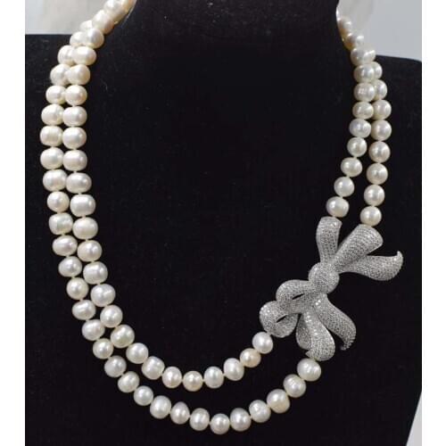 2rows freshwater pearl white near round 8-9mm necklace 17-18inch FPPJ wholesale beads nature