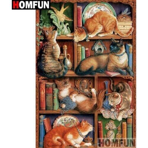 HOMFUN Full Square/Round Drill 5D DIY Diamond Painting "Animal cat book" Embroidery Cross Stitch 5D Rhinestone Home Decor A17636