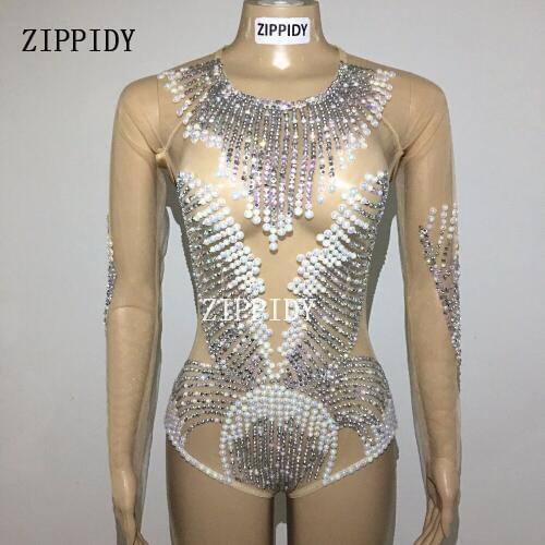 Sparkly Pearls Crystals Glisten Silver Rhinestones Bodysuit Party Performance Celebrate Outfit Leotard Stage Show Wear Costume