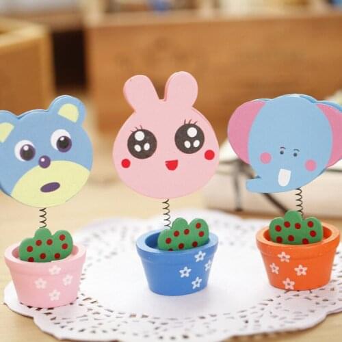 1pc Color Random Standing Cartoon Animal Flowerpot Wooden Paper Memo Clips Photo Message Clip Student Office Supply