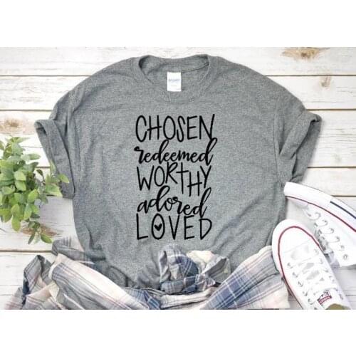 ZBBRDD Chosen Redeemed Worthy Adored Loved Womens letter T Shirt Cotton Womens short sleeve Top Tees t-shirts for Ladies girl