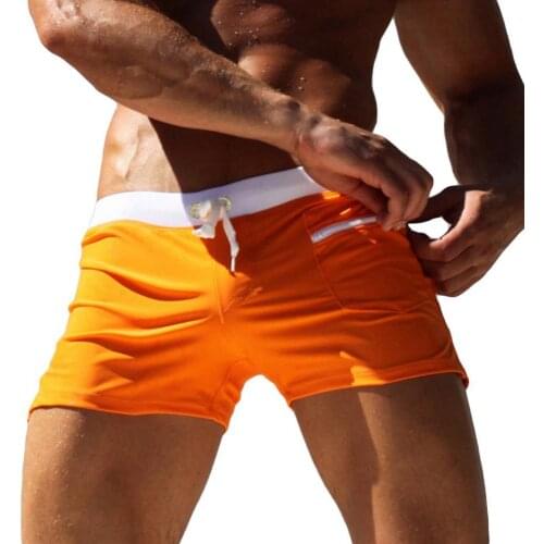 80% Hot Sell Men Solid Color Swimming Trunks Drawstring Pocket Slim Fity Beach Shorts Swimwear