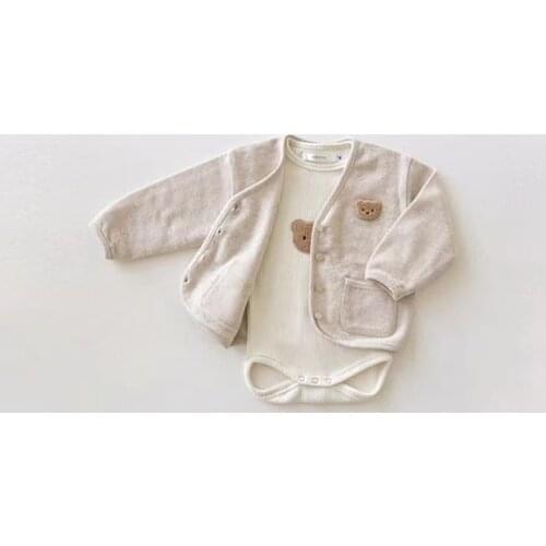 9162 Newborn Baby Clothes Cute Bear Head Printed Baby Bodysuit And Coat Autumn New 2021 Boys Girls Climbing Clothes Or Coat