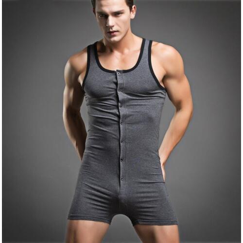 New Men Cotton Sleepwear Casual Button Nightwear Onesies Onsie Sleeveless Solid Home Wear Summer New Jumpsuit Pajamas
