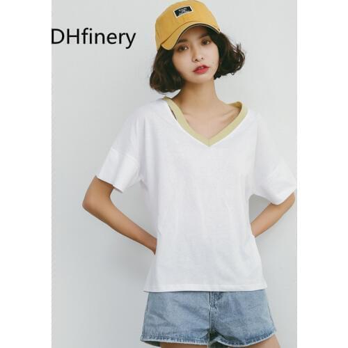 Summer casual t-shirt women loose short sleeve V-neck hole cutout cotton t-shirts girls green blue and white Splice t shirt A889