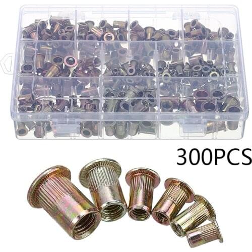300Pcs Aluminum Rivet Nut Zinc Plated Steel Nutsert Assortment Kit Metric SAE Flat Head Threaded Rivet Insert Nutsert Cap Tools