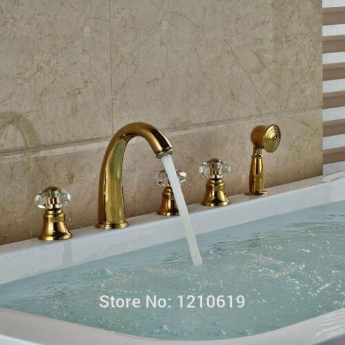 Newly Deck Mount Luxury Bathtub Faucet Set Golden Polished Shower Mixer Tub Faucet Tap Crystal Handles