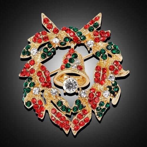 New Girls Women Happy New Year Shining Sweet Christmas Floral Hoop Garland Bell Rhinestone Brooch Pins For Christmas Gift 1Pcs