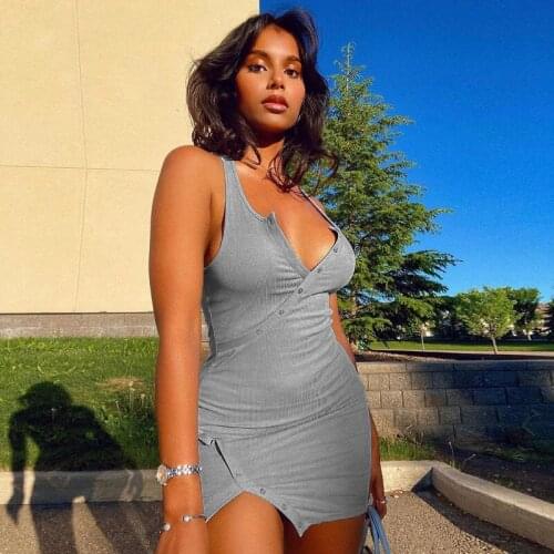 CHRONSTYLE Summer Women V-neck Split Dress 2021 Solid Buttons Sleeveless Slim Mini Pencil Dresses Sexy Vestidos Y2K Streetwear