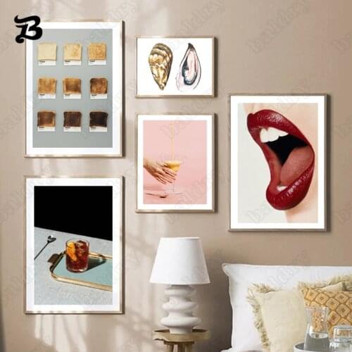 Realistic Food Canvas Painting Wall Art Red Lips Toast Oysters Juice Nordic Poster Print Wall Pictures for Kitchen Decoration