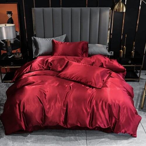 Luxury Solid Silk Gray Color Red Bed Linens Quilt Covers and Pillowcases 3-Piece Duvet Cover Sets Bedding Set White Home Textile