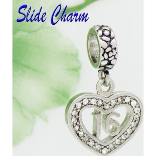 Slide charm Free shipping White crystal 16-year-old girl love pendant charm beads fit Pandora bracelet