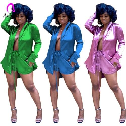 Shorts Tracksuits for Women Fashion Shiner Solid Lapel Neck Long Sleeves Lace Up Shirt Casual Short Drawstring Pants Streetwear