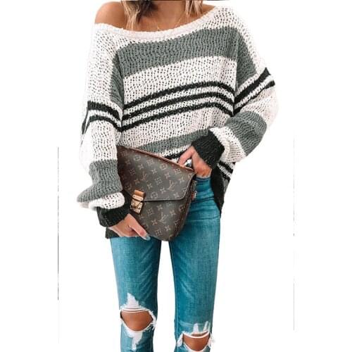Blue/Brown/Gray Loose Fit Striped Pattern Sweater Women Fashion Color Block Stripes Ribbed Edges Retro Sweater Tops Plus Size