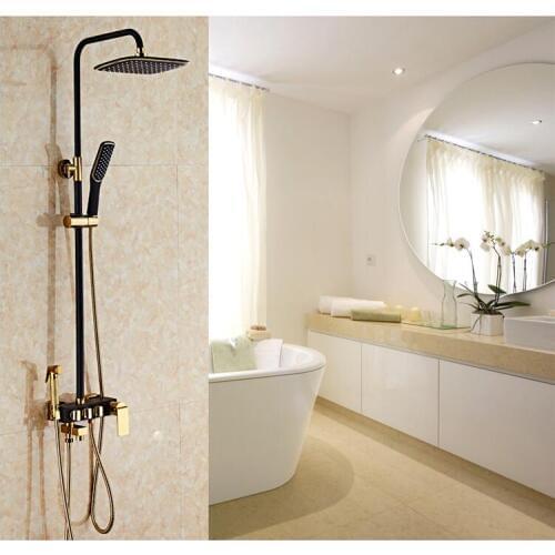 Free Shipping Europe style Rainfall Shower Faucet Set Wall Mounted bathroom black and gold finished Mixer Luxury Bath Faucet set