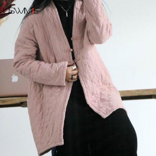 USWMIE 2020 Spring Women Coat Literature Retro Joker Single Breasted Solid Color Long Sleeve Warm Loose Comfort Cotton Clothes