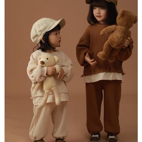 Girls' spring and autumn waffle fake two-piece sweater set 2021 new loose sportswear