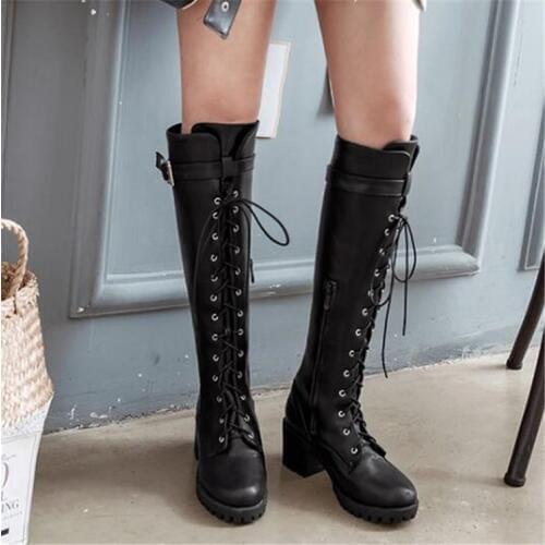 PXELENA Vintage Lace Up Riding Knight Knee High Boots Women Square High Heels Military Combat Motorcycle Long Boots Shoes